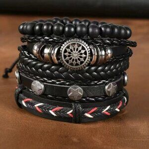 Men's Genuine Leather Black Five Piece Bracelet Set